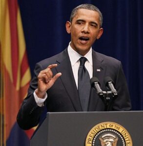 Photo: RSchumacher/The Arizona Republic -- President Obama makes a point during his speech at a memorial for victims of that rampage shooting in Arizona  January 12, 2011