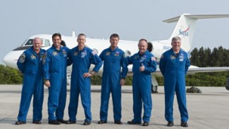 Endeavour crew arrive-2 Photo: NASA/Kim Shiflett -- The crew of the space shuttle Endeavour arrived at Kennedy Space Center in Florida to being launch preparations today May 12, 2011