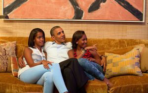 Photo: Pete Souza/White House -- President Obama, daughters Malia and Sasha, watched on TV at the White House the speech by First Lady, Michelle Obama, at the Democratic National Convention 