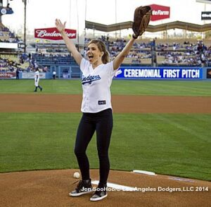 Actress Sophia Bush celebrated after throwing out a pretty good pitch at Dodger Stadium June 13,2014