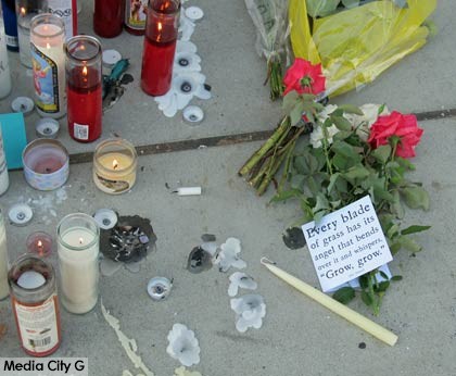 Photo: FLLewis / Media City G -- Candles, flowers, and notes at the Burbank memorial (9/13/14) for three teenagers killed in a truck accident Friday, September 12, 2014