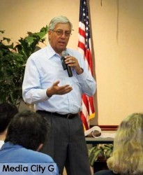 Photo: FLLewis / Media City G -- Burbank City Manager Mark Scott at community meeting about the Talaria Mixed-Use Project at the Buena Vista Library in Burbank September 11, 2014