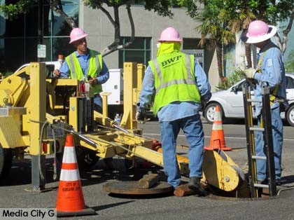 Photo: FLLewis / Media City G -- Burbank Water and Power crew seen wearing pink hard hats on West Olive Avenue near South Brighton Street Burbank October 7, 2014