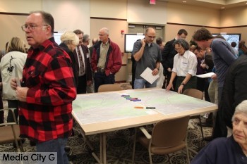 Photo: Greg Reyna / Freelancer/ Media City G -- Information tables showed high-speed rail options at community meeting in Burbank December 8, 2014