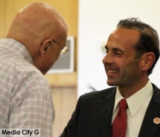 Photo: Greg Reyna/ Freelancer / Media City G -- A potential voter's comments to city council candidate Chris Rizzotti brought a smile to his face at Woodbury University in Burbank January 28, 2015