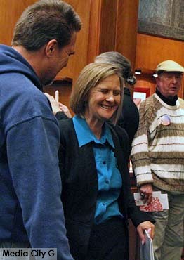 Photo: Greg Reyna / Freelancer / Media City G -- City council candidate Elise Stearns-Niesen shared some laughs and comments in city council chambers at Burbank City Hall January 20, 2015