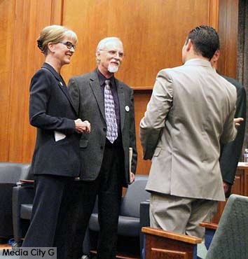 Photo: Greg Reyna / Freelancer / Media City G -- (l-r) Incumbent Emily Gabel-Luddy and city council candidate David Nos in city council chambers at Burbank City Hall January 20, 2015