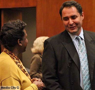 Photo: Greg Reyna / Freelancer / Media City G -- Fronnie Lewis chatted with school board candidate Vahe Hovanessian at Burbank City Hall January 20, 2015