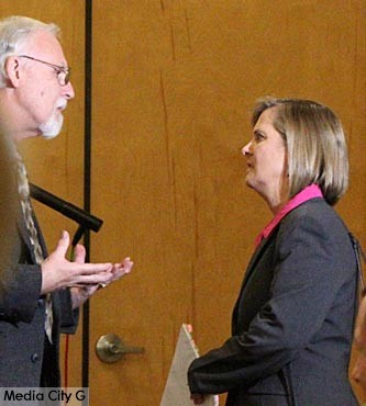 Photo: Grey Reyna / Freelancer / Media City G -- City council contenders, David Nos and Elise Stearns-Niesen chatted at a forum event held on the Woodbury University campus in Burbank January 28, 2015