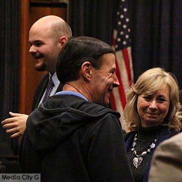 Photo: Greg Reyna / Freelancer / Media City G -- (l-r) School board candidate Steve Ferguson, activist David Piroli, incumbent Robert Reynolds in council chambers at Burbank City Hall January 20, 2015