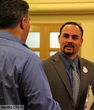 Photo: Greg Reyna / Freelancer / Media City G -- A man gestures during a conversation with city council candidate Will Rogers at Woodbury University Burbank January 28, 2015
