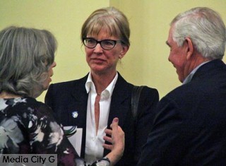 Photo: Greg Reyna / Freelancer / Media City G -- Incumbent councilmember Emily Gabel-Luddy listened to a potential voter express herself in Woody's Cafeteria at Woodbury University in Burbank, January 28, 2015