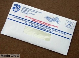 Photo: FLLewis / Media City G -- Envelope containing ballot and voter pamphlet for February 24, 2015 Burbank Primary Election
