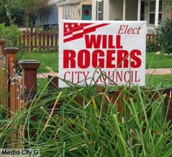 Photo: FLLewis / Media City G -- Will Rogers for city council campaign sign posted in a yard on Hollywood Way in Burbank December 28, 2014