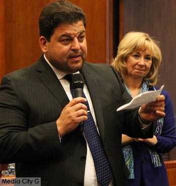 Photo: Greg Reyna / Media City G -- Dr. Armond Aghakhanian made some comments after being sworn in as a member of the Burbank School Board May 1, 2015
