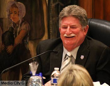 Photo: Greg Reyna / Media City G -- Outgoing councilman Gary Bric enjoys a good laugh during city council reorganization meeting at City Hall in Burbank May 1, 2015