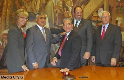 Photo: FLLewis /Media City G -- (l-r) Council Member Emily Gabel-Luddy, Vice-Mayor Jess Talamantes, Mayor Bob Frutos, Council Member Dr. David Gordon, and Council Member Will Rogers took photos at the end of the city council reorganization meeting in Burbank May 1, 2015