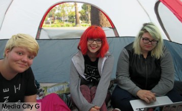 Photo: FLLewis / Media City G -- (l-r) Cami Iverson, Sara Milletaire, and Emily Urie camped out in Burbank for an album release party for Twenty One Pilots May 19, 2015