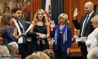 Photo: Greg Reyna / Media City G -- Burbank School Board swearing in ceremony (l-r)   Zizette Mullins, Dr. Armond Aghakhanian , Dr. Gayane Gasamanyan, Roberta Reynolds, Steve Ferguson, and Mary Lou Howard in city council chambers May 1, 2015