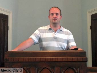 Photo of Glendale Church of Christ minister Bryan Schackmann inside Dexter Avenue Baptist Church Montgomery, AL August 12, 2015