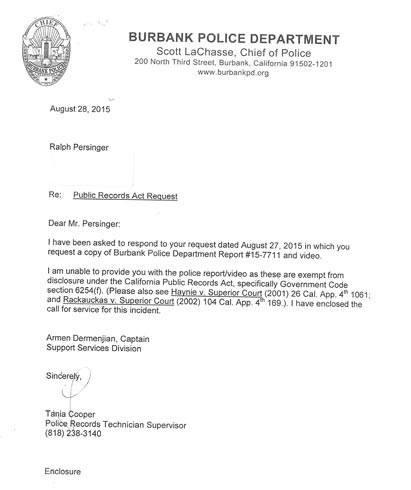 BPD letter to merchant Ralph Persinger dated August 28, 2015