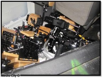 Photo courtesy Burbank Police -- Some stolen camera equipment reportedly recovered from inside burglary suspects' van October 20, 2015
