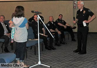 Photo: FLLewis/ Media City G -- A Burbank resident stepped to the mike to ask a question at a community meeting at Worshipwalk Church 3310 West Magnolia Blvd. Burbank February 17, 2016