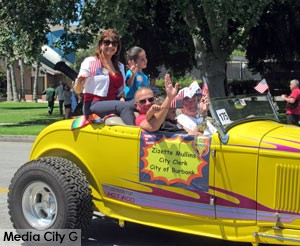 Photo: FLLewis / Media City G -- Burbank City Clerk Zizette Mullins and her crew rode in a bright yellow hot rod in Burbank on Parade April 23, 2016