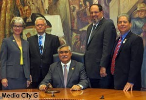 Photo: FLLewis / Media City G -- Jess Talamantes selected as mayor during Burbank City Council reorganization meeting (L-R) Emily Gabel-Luddy, Vice Mayor Will Rogers, Mayor Talamantes, Dr. David Gordon, and Bob Frutos City Hall May 2, 2016