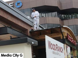Photo: FLLewis / Media City G -- Workman on roof of Wood Ranch restaurant in Burbank May 23, 2016