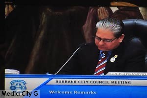 Photo: FLLewis / Media City G -- Outgoing Mayor Bob Frutos choked up during his farewell speech at Burbank City Hall May 2, 2016