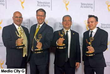 Photo: Courtesy City of Burbank -- (l-r) Peter Musurlian TBC Station Manager, Drew Sugars Burbank Public Information Officer, Bob Frutos City Council Member, and Walter Lutz, Sr. Video Production Associate at 68th Los Angeles Area Emmy Awards in North Hollywood July 23, 2016