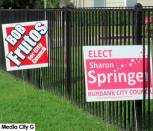 Photo: FLLewis / Media City G -- Bob Frutos and Sharon Springer yard signs in the Rancho Burbank March 7, 2017