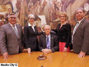 Photo: FLLewis / Media City G - (l-r) Council Member,Jess Talamantes, Vice-Mayor Emily Gabel-Luddy, Mayor Will Rogers, Council Members, Sharon Springer and Bob Frutos posed for photos city council chambers in Burbank May 1, 2017