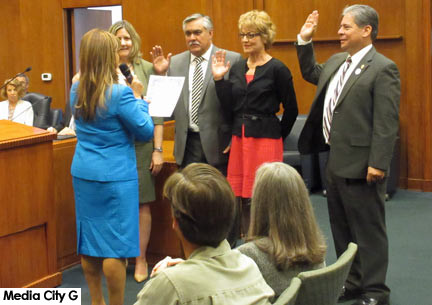 Photo: FLLewis / Media City G -- (l-r) Re-elected City Treasurer, Debbie Kukta, re-elected Councilman Jess Talamantes, newly elected Council Member Sharon Springer, and re-elected Councilman Bob Frutos sworn in at Burbank City Hall May 1, 2017