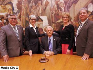 Photo: FLLewis / Media City G -- (l-r) Council Member, Jess Talamantes, Vice-Mayor, Emily Gabel-Luddy, Mayor Will Rogers, Council Members , Sharon Springer and Bob Frutos posed for photos in city council chambers in Burbank May First 2017