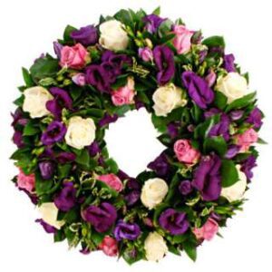 Funeral wreath purple white pink