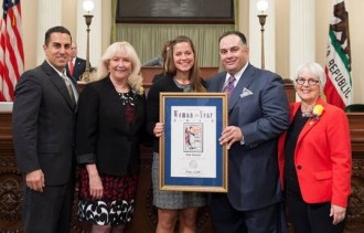 Photo : Olympian Kate Hansen honored in Sacramento March 10, 2014 (l-r) Asm. Mike Gatto (D-Los Angeles); Assembly Minority Leader, Asm. Connie Conway (R-Tulare); Kate Hansen; Speaker of the Assembly, Asm. John Perez (D-Los Angeles); Chair of the Legislative Women’s Caucus, Asm. Bonnie Lowenthal (D-Long Beach)