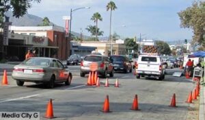 Photo: FLLewis/Media City G -- Roadside survey conducted by State Bureau of Automotive Repair on West Olive Avenue in Burbank July 28, 2014