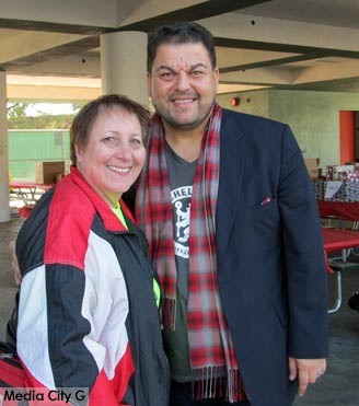 Photo: FLLewis / Media City G -- Holiday Basket Program organizer Janet Diel and Burbank School Board candidate Dr. Armond Aghakhanian at Washington Elementary School in Burbank December 13, 2014
