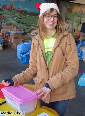 Photo: FLLewis / Media City G -- Holiday Basket Program volunteer Rachel Hendrickson at Washington Elementary December 13, 2014