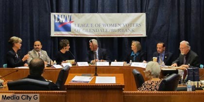 Photo: FLLewis / Media City G -- Contenders waiting for the start of the city council candidates' forum at Burbank City Hall January 20, 2015