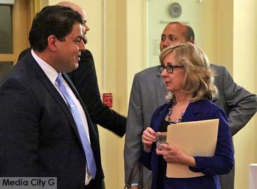 Photo: Greg Reyna / Freelancer / Media City G -- Brd. of Ed. contender Armond Aghakhanian chatted with incumbent Roberta Reynolds at the Woodbury University forum February 04, 2015