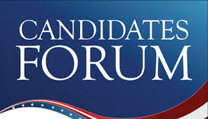 candidates forum red white and blue graphic