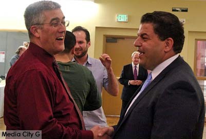 Photo: Greg Reyna / Freelancer / Media City G -- Burbank School Board candidates Greg Sousa and Dr. Armond Aghakhanian greeted each other at the Woodbury University forum February 4, 2015
