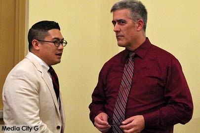 Photo: Greg Reyna / Freelancer/ Media City G -- Brd. of Ed. candidate Greg Sousa listend as fellow candidate Jesse "Tangk" Tangkhpanya made a point at Woodbury University February 4, 2015