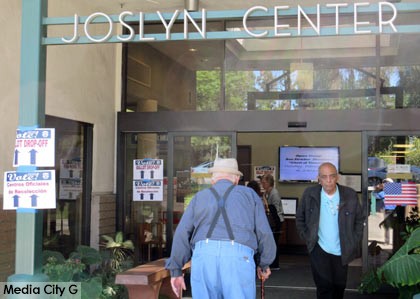 Photo: FLLewis / Media City G -- Drop-off center signs posted at the Joslyn Center 1301 West Olive Avenue Burbank February 24, 2015