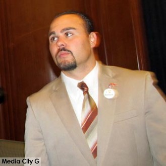 Photo: FLLewis / Media City G -- City council contender Juan Guillen at the League of Women Voters of Glendale/Burbank candidates' forum at City Hall in Burbank January 20, 2015