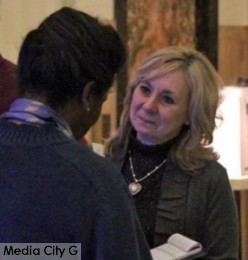 Photo: Greg Reyna / Freelancer / Media City G -- Re-elected school board member Roberta Reynolds with Media City Groove editor Fronnie Lewis at City Hall February 24, 2015