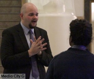 Photo: Greg Reyna / Freelancer / Media City G -- Newly elected school board member Steve Ferguson talked about his victory with Media City Groove editor Fronnie Lewis at City Hall February 24, 2015